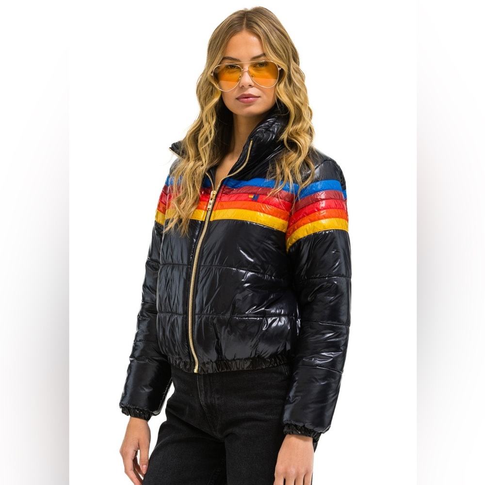 5 STRIPE LUXE APRES PUFFER JACKET - GLOSSY BLACK